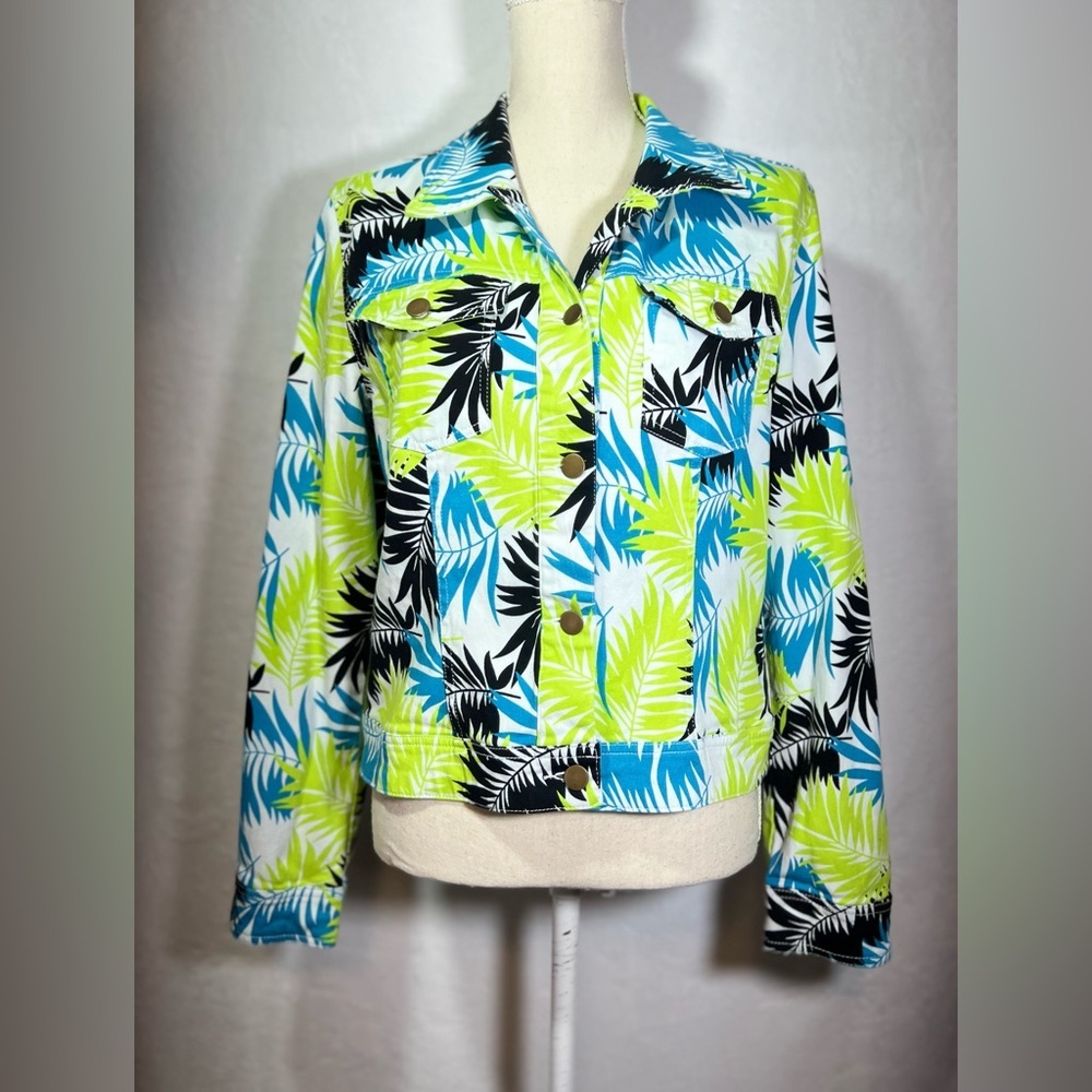 Metro Blues Tropical Print Jean Jacket - Blue, Green, and Black on White - Picture 7 of 7